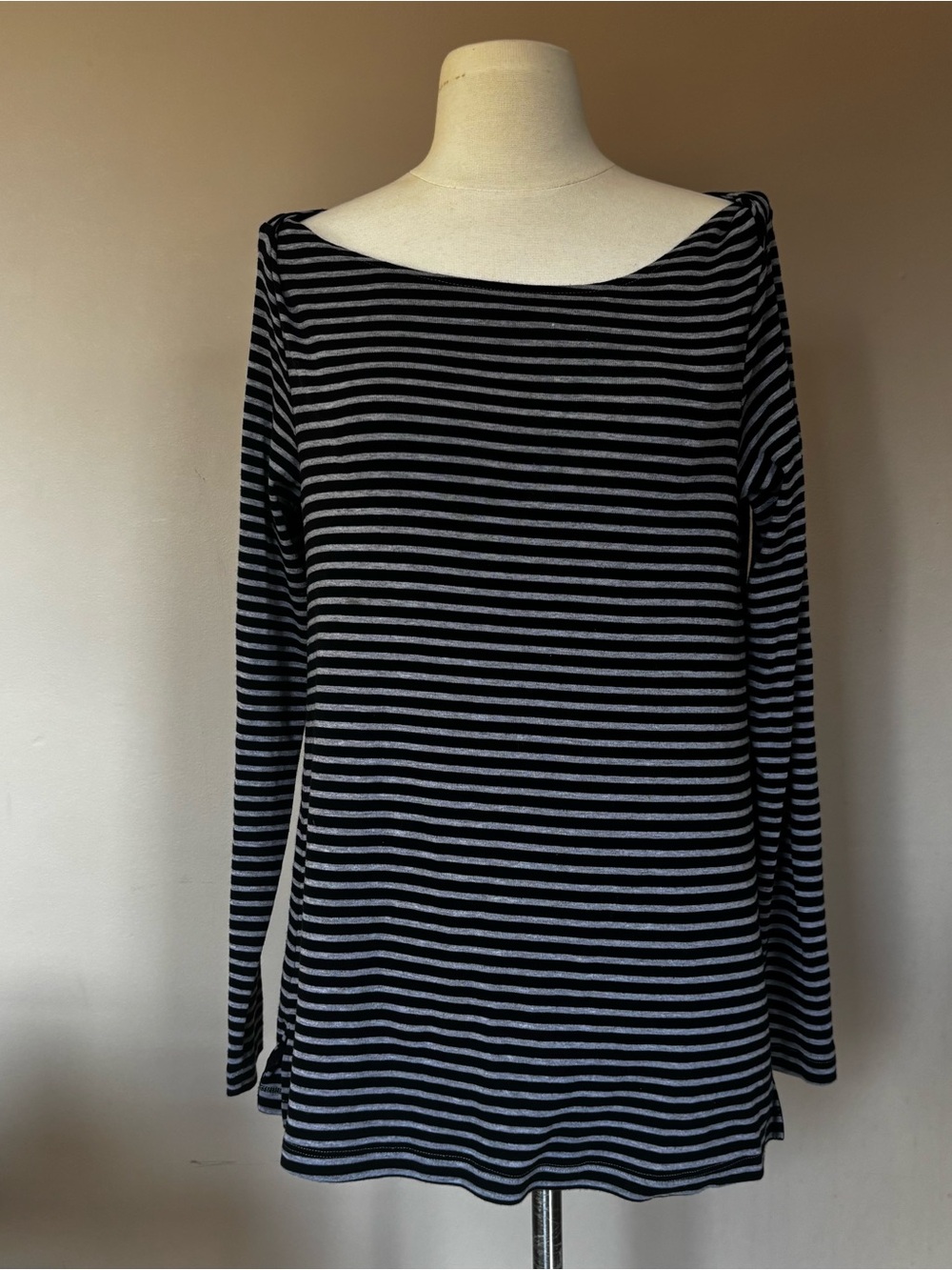 Three Dots Black and Gray Striped Long-Sleeve Boatneck Top